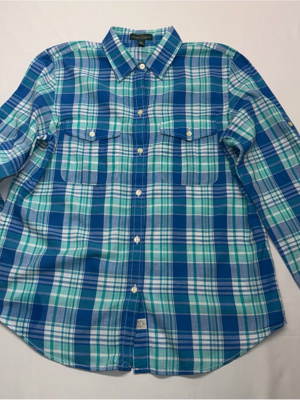 Lauren Jeans Co. Ralph Lauren Blue Aqua Plaid Roll Tab Shirt Medium